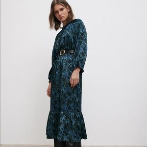 ZARA NWT Teal/Olive/Blue Snake Print Satin Effect Like Long Slv Midi Dress XL